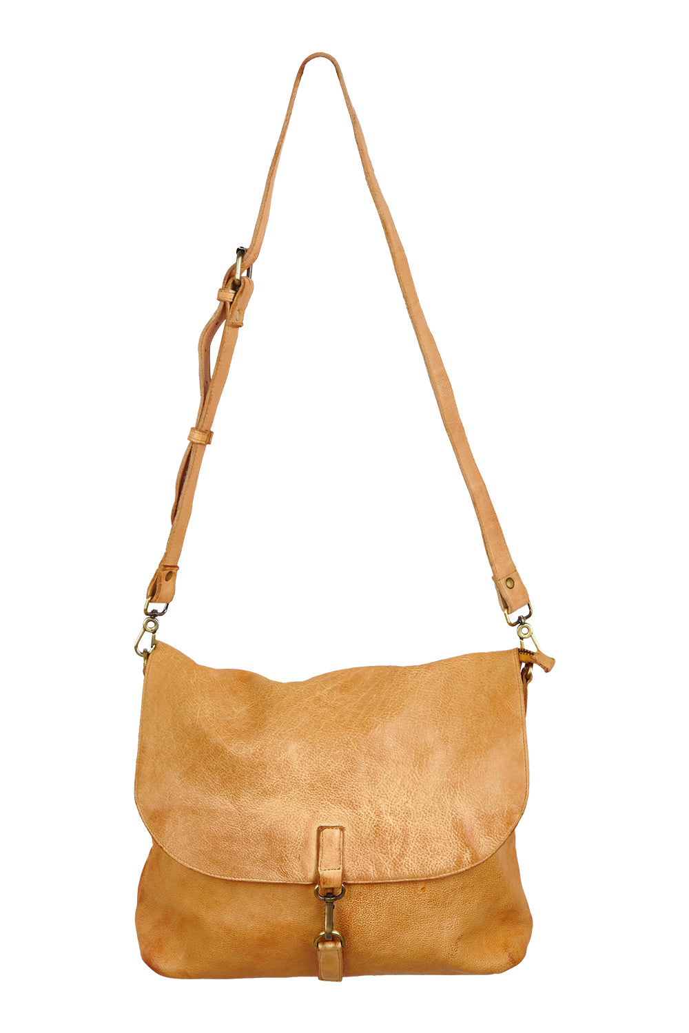 Product shot of the Leather Messenger Bag in colour Tan, from the front