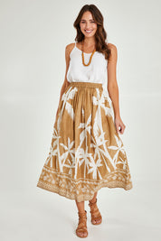 Model Madeline wearing size S of the Fly Away Skirt in colour Haven, from the front, showing the whole outfit