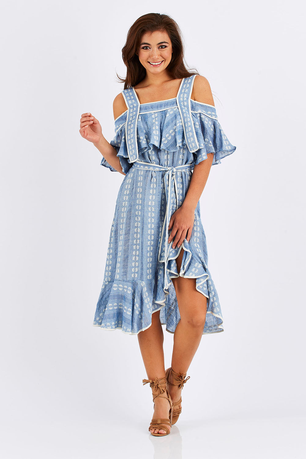 Model Chesska wearing size S of the Sweet William Dress in colour PetiteDais (Blue), from the front, showing the whole outfit