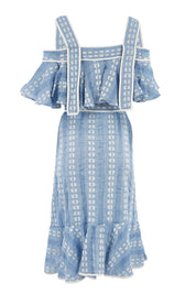 Product shot of the Sweet William Dress in colour PetiteDais (Blue), from the back