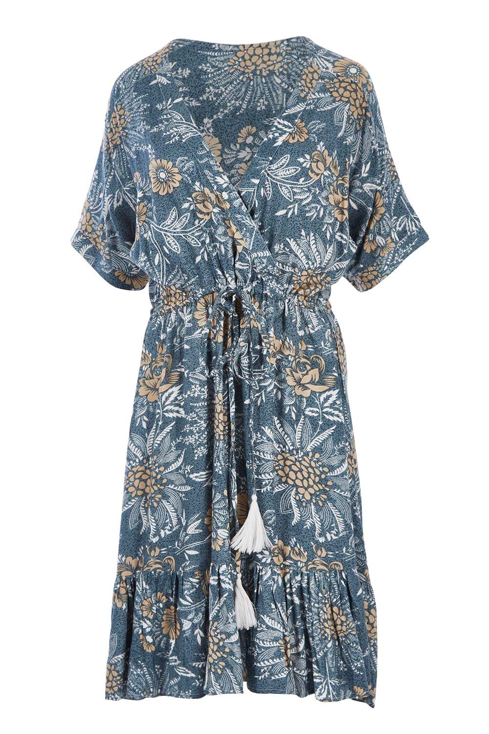 Product shot of the Boardwalk Dress in colour Havana (Blue), from the front
