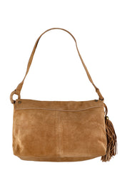 Product shot of the Suede Macey Bag in colour Tan, from the back