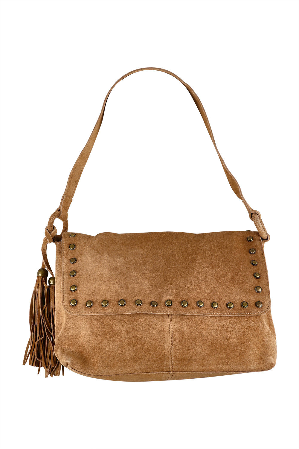 Product shot of the Suede Macey Bag in colour Tan, from the front