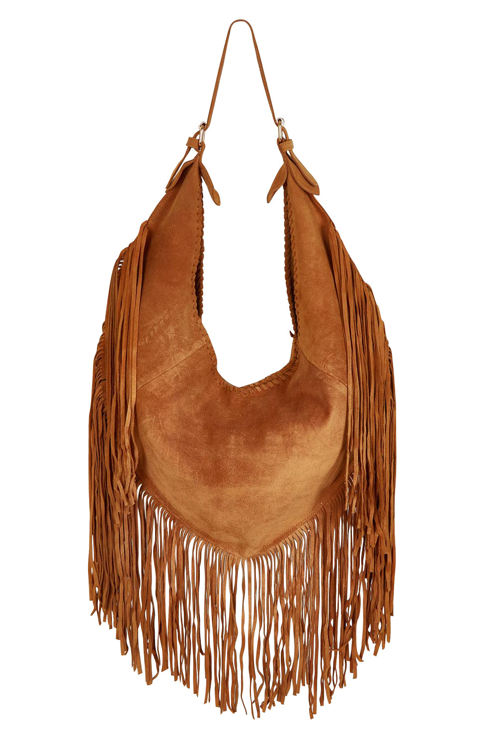 Product shot of the Folklore Suede Bag in colour Tan, from the back