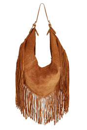 Product shot of the Folklore Suede Bag in colour Tan, from the back