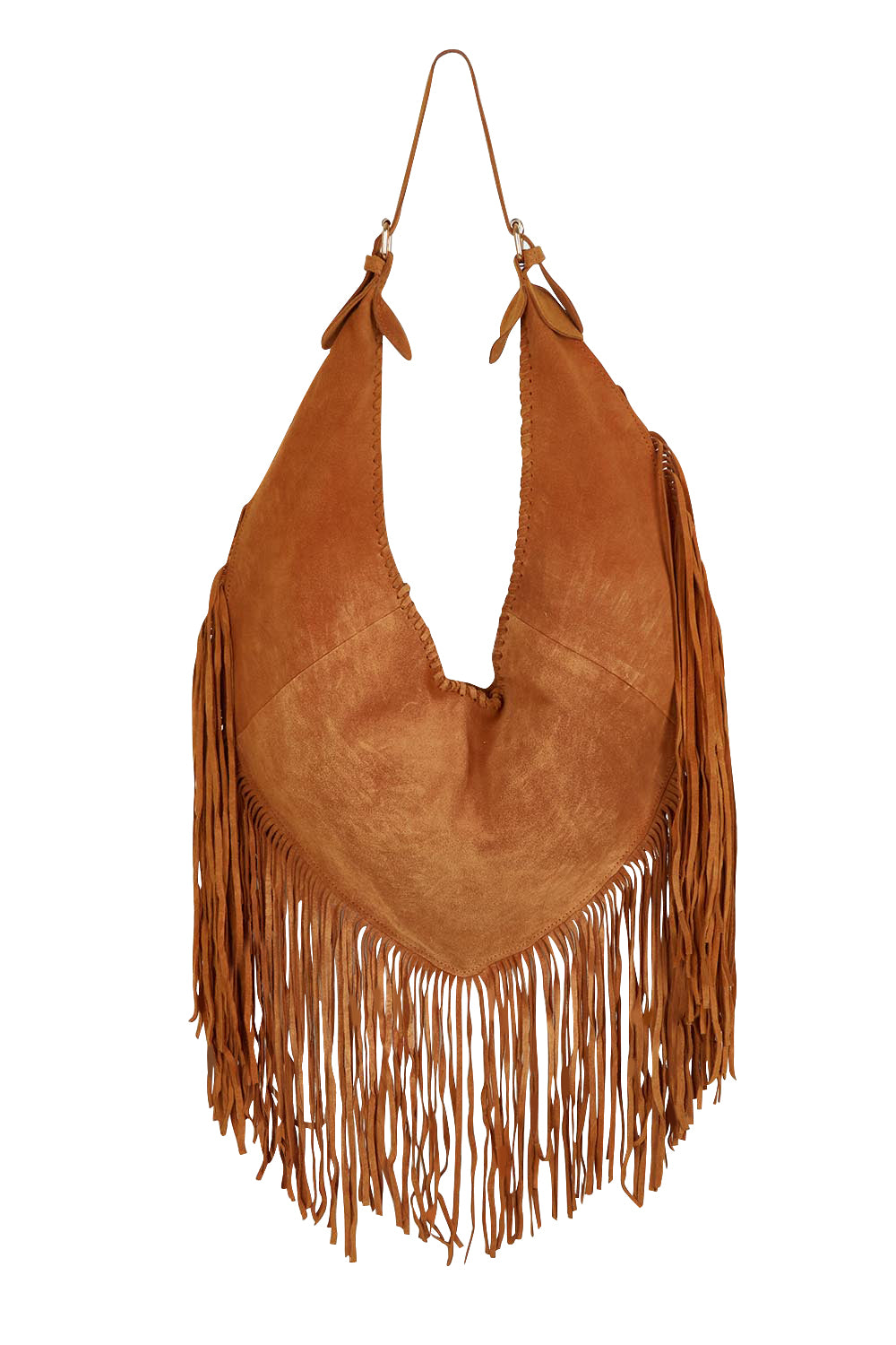 Product shot of the Folklore Suede Bag in colour Tan, from the front