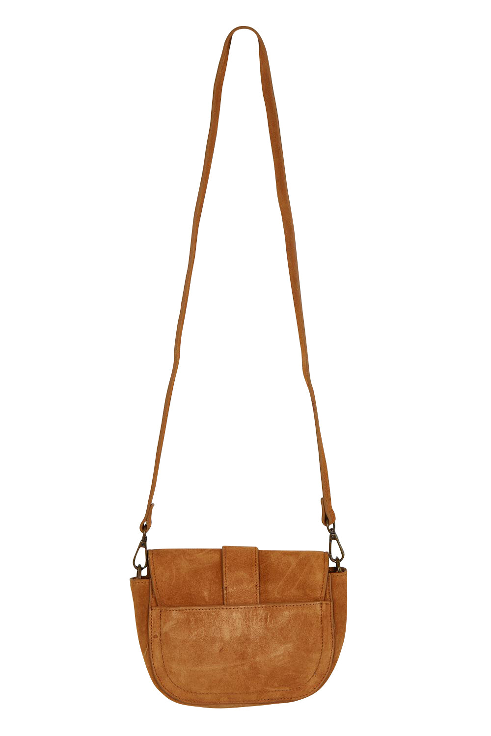 Product shot of the Caraway Suede Crossbody Bag in colour Tan, from the back