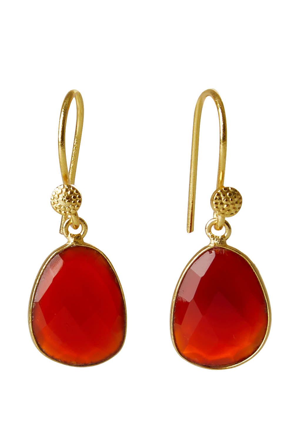 Product shot of the Carrie Earrings in colour Ruby (Red), from the front