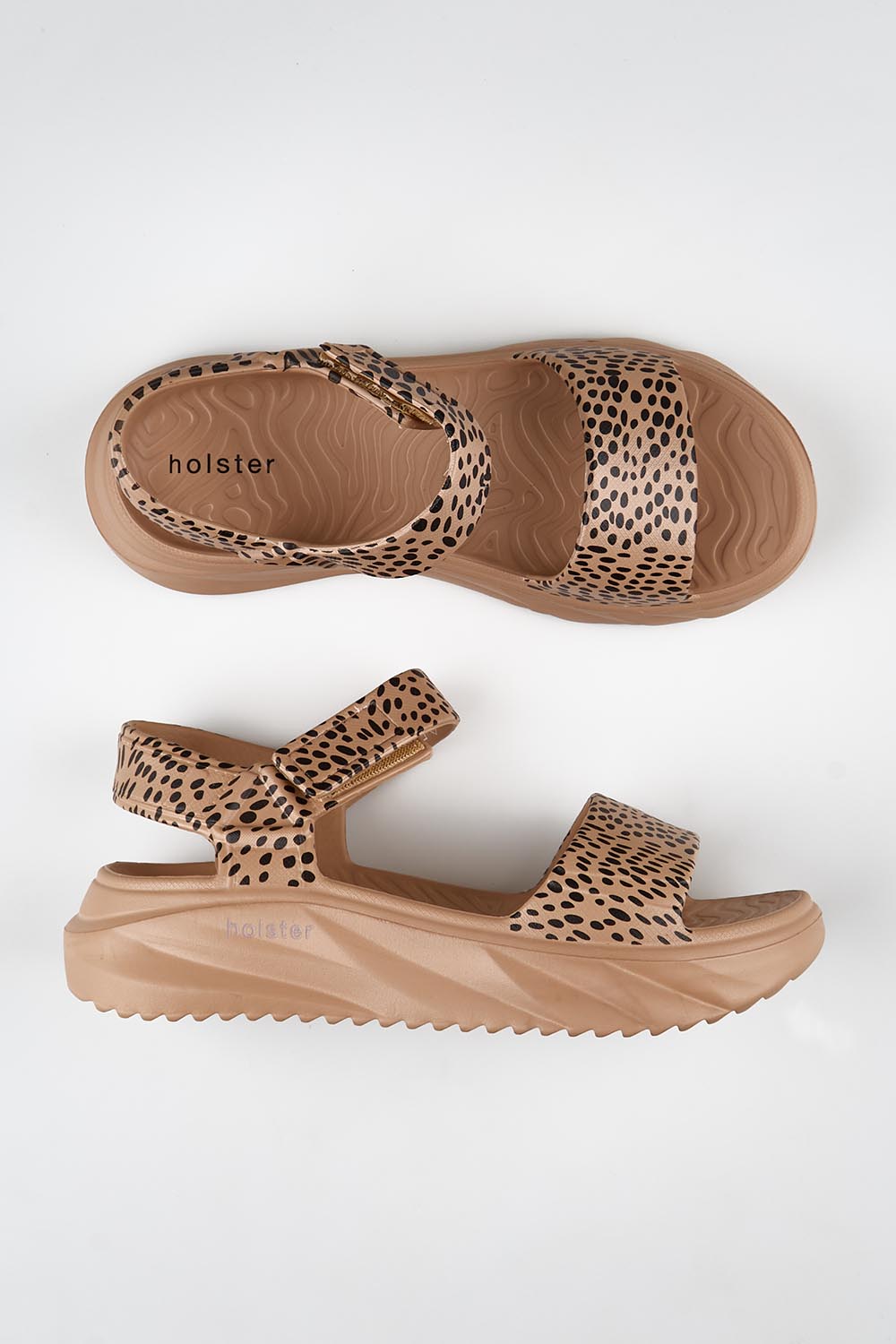 Model Genericm wearing size sample of the Cloud Safari EVA Sandal - Naturalcheetah in colour Naturalcheetah, from the front