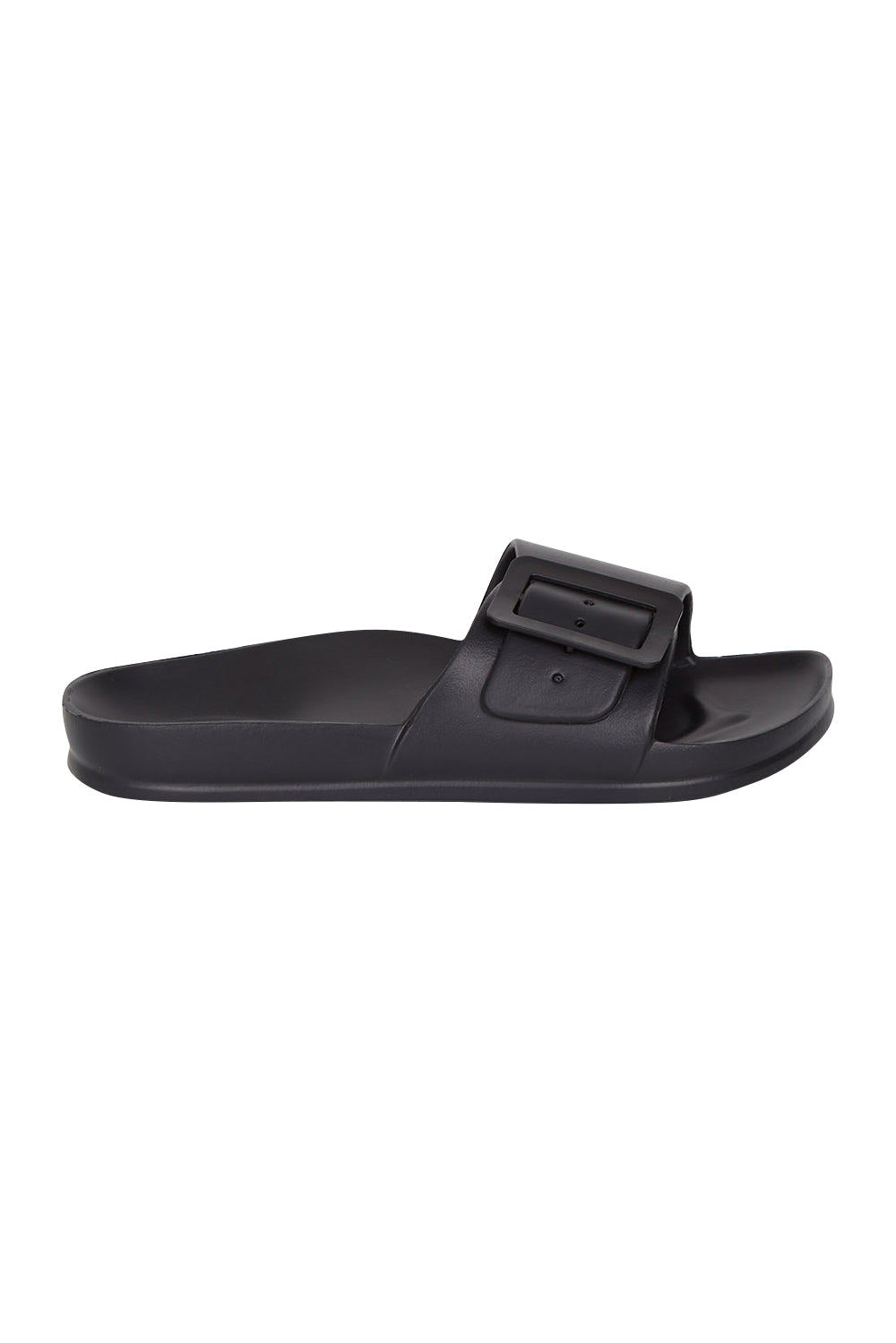 Product shot of the Solace EVA Slide in colour Black (Black), from the front
