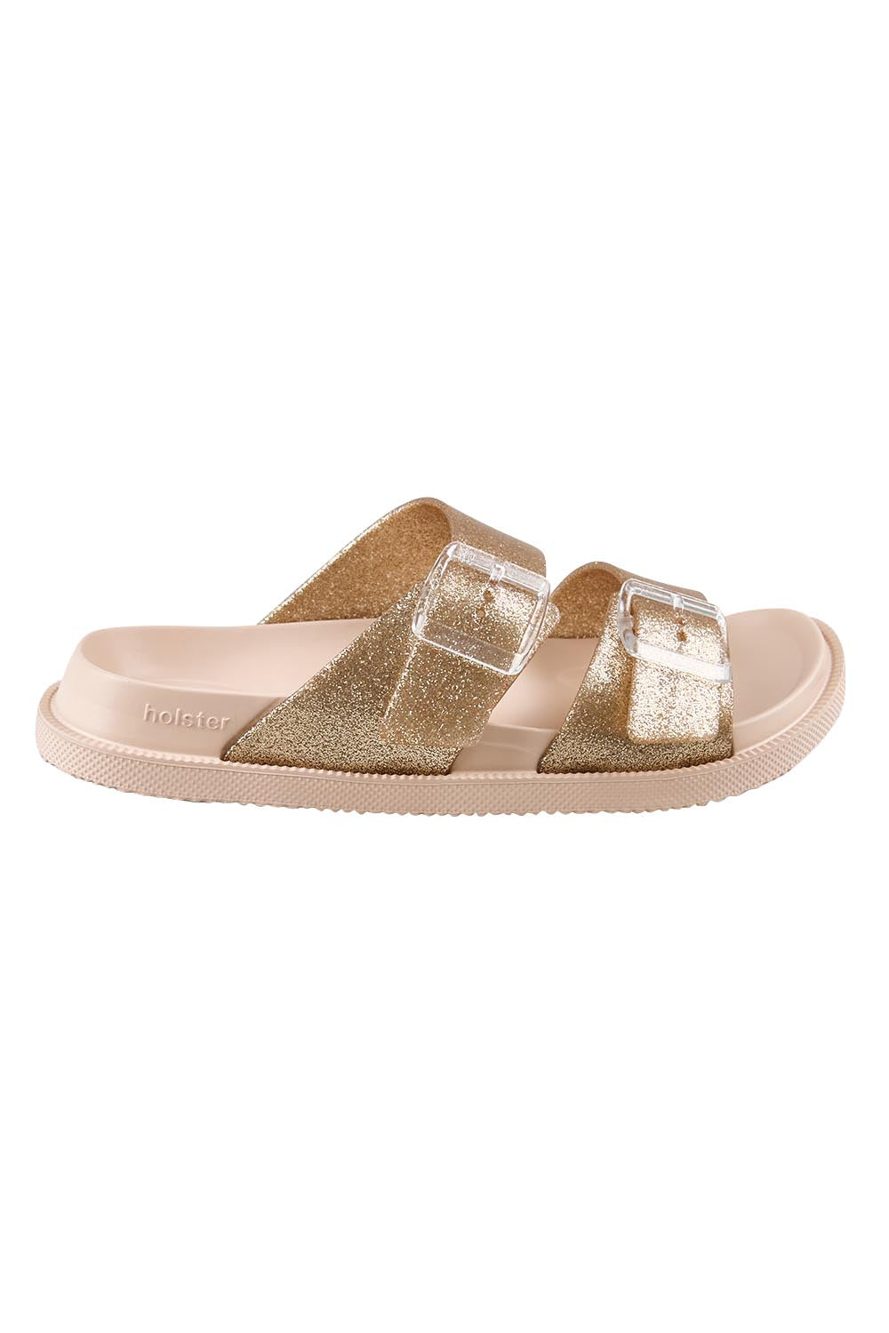 Product shot of the Soleshimmer Slide - Goldglitter in colour Goldglitter, from the front