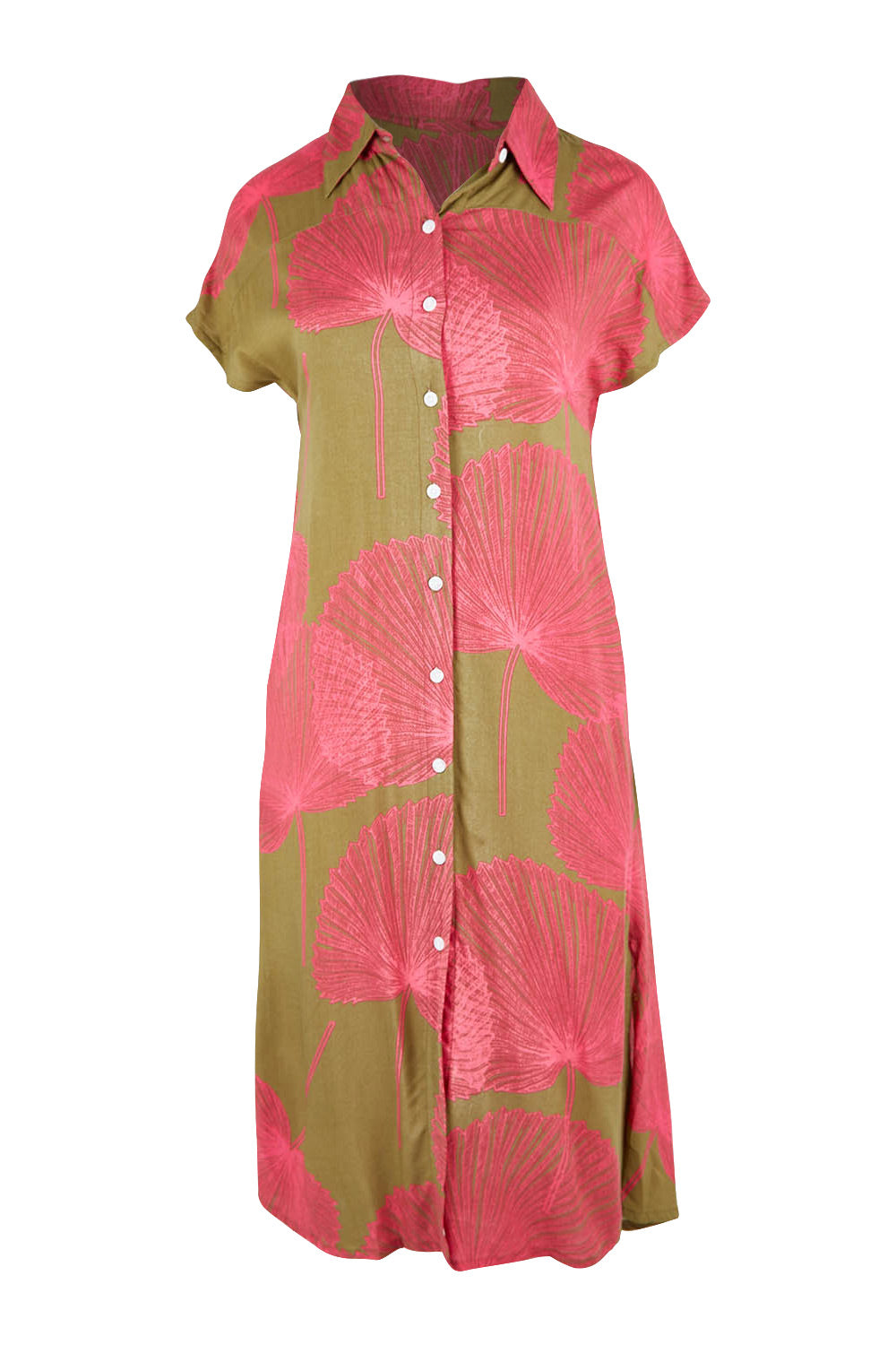 Product shot of the Calforniai Dress in colour Fantasia (Green), from the front