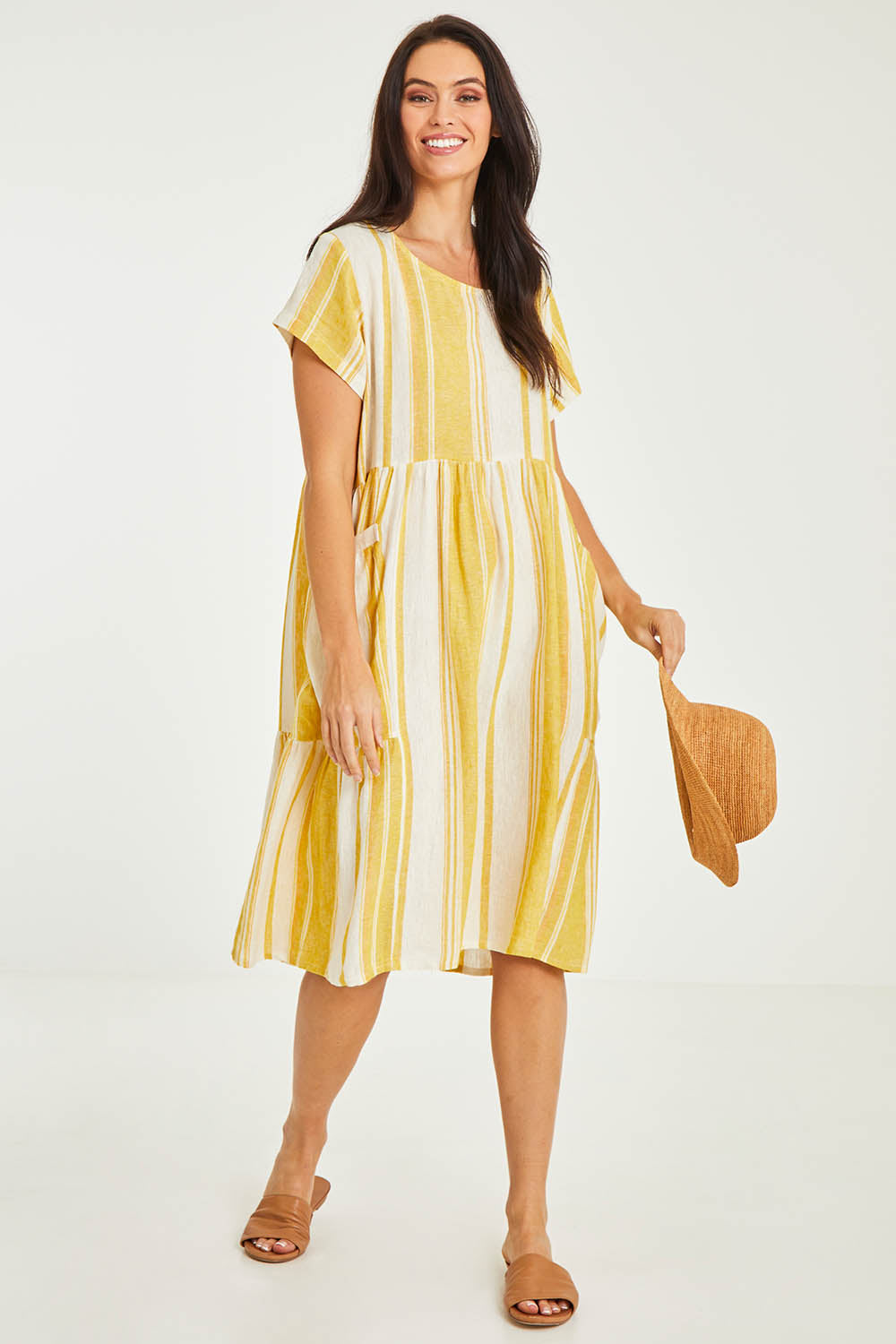 Model Stacey wearing size 10 of the Aireys Dress in colour Lemondrop, from the front, showing the whole outfit