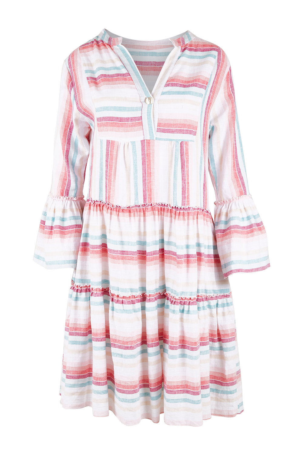 Product shot of the Otway Dress in colour Candystrip (Pink), from the front
