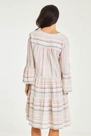 Model Stacey wearing size 10 of the Otway Dress in colour Coralstrip (Blue), from the back