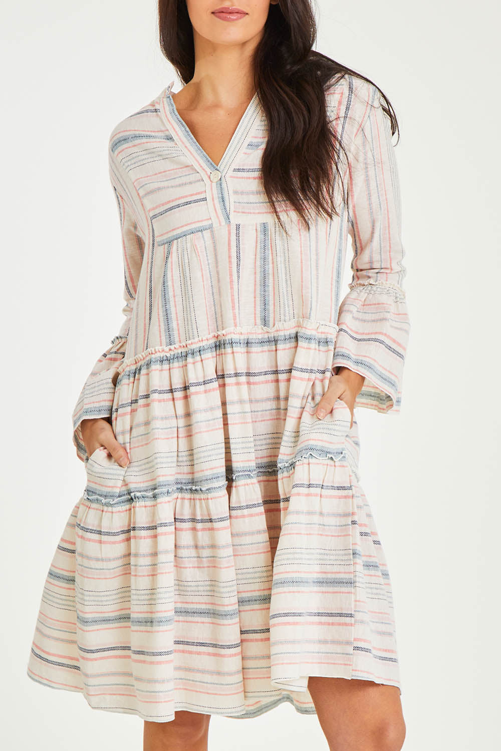Model Stacey wearing size 10 of the Otway Dress in colour Coralstrip (Blue), from the front, cropped image
