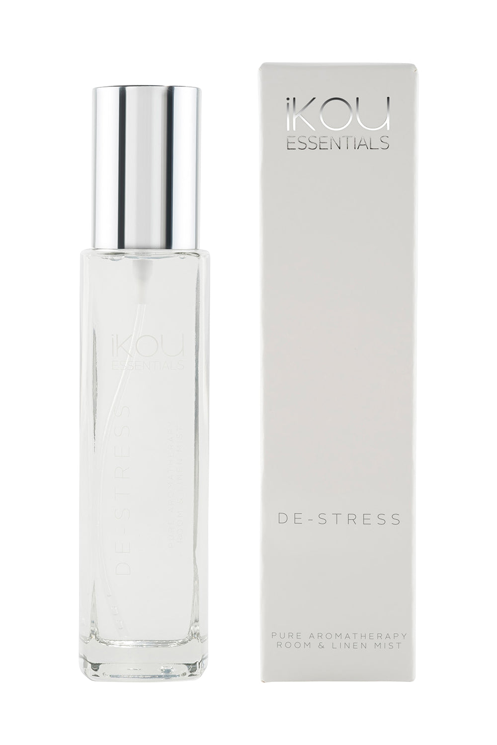 Product shot of the Aromatherapy Room And Linen Mist in colour Destress (White), from the front