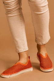 A model wearing size 38 of the Tulip Sneaker in colour Camelia, from the front, cropped image