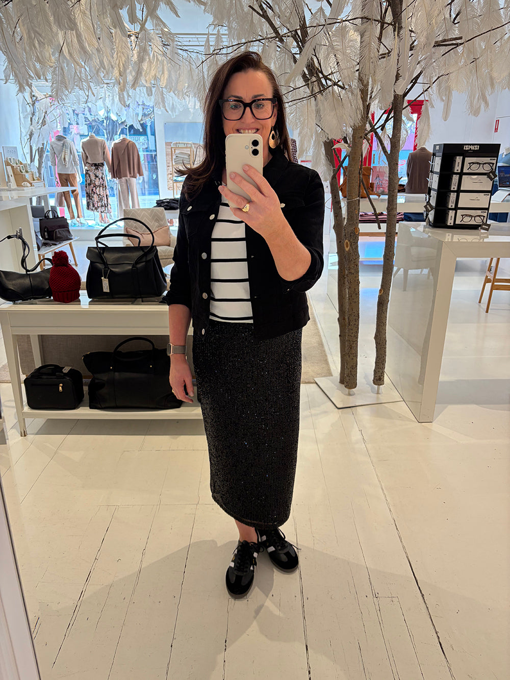 Black Denim + Black Sequins + Stripes