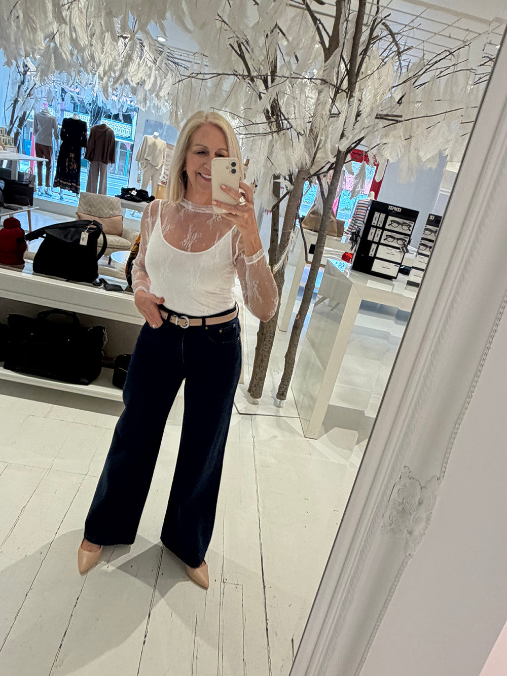 White Lace Top With Dark Denim