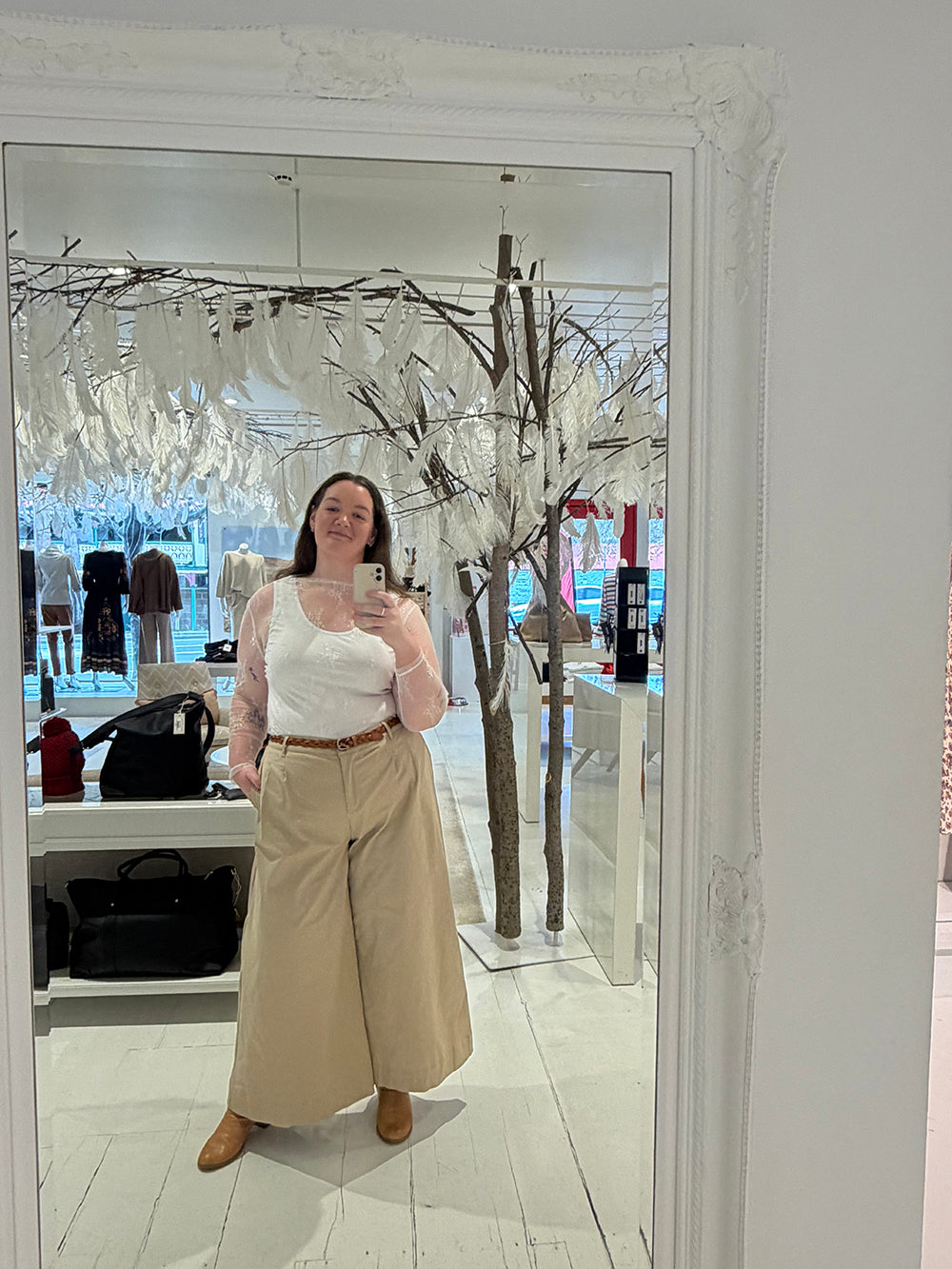 White Lace Top With Wheat Pants