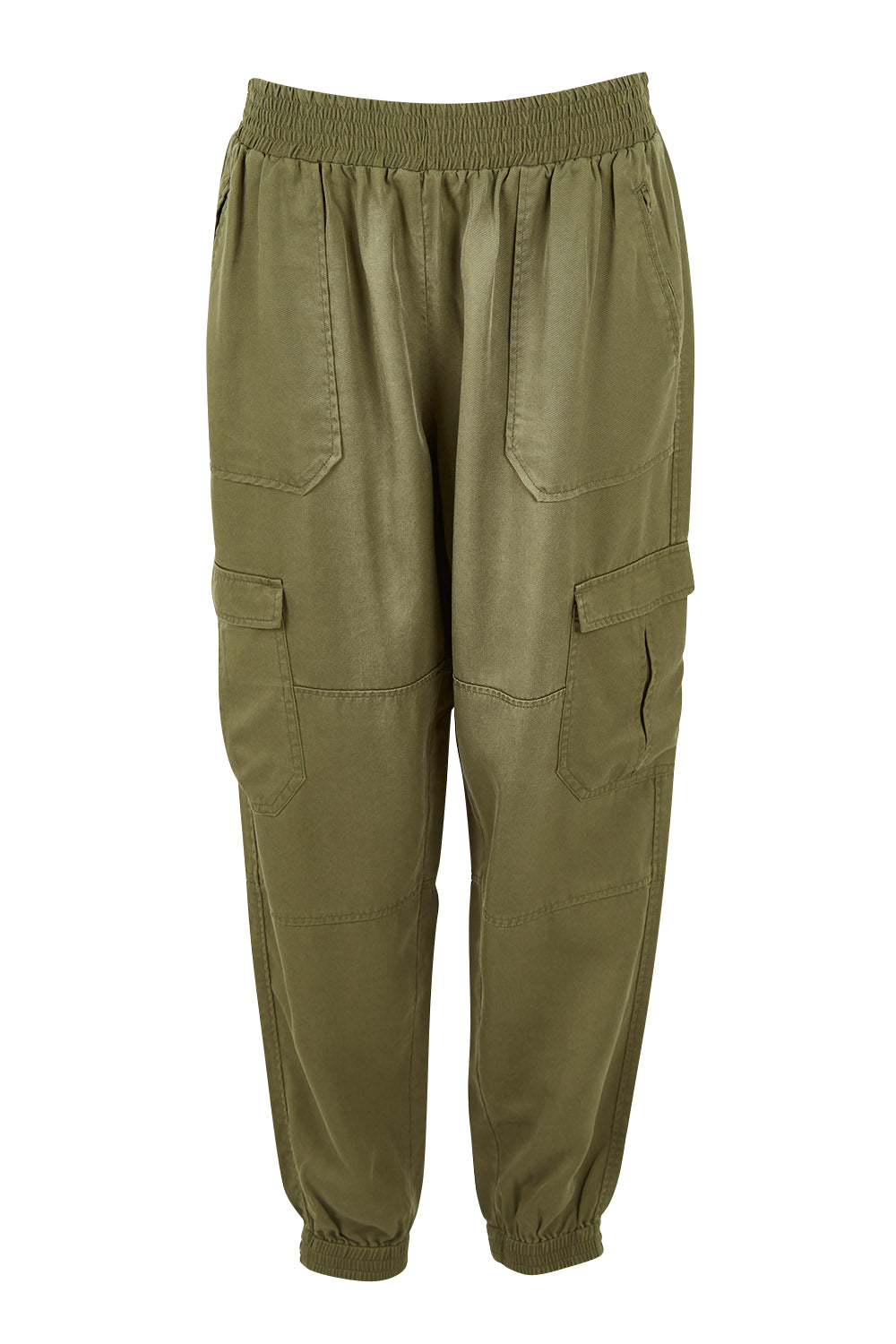 Product shot of the Cecily Cargo Joggers in colour Khaki (Green), from the front