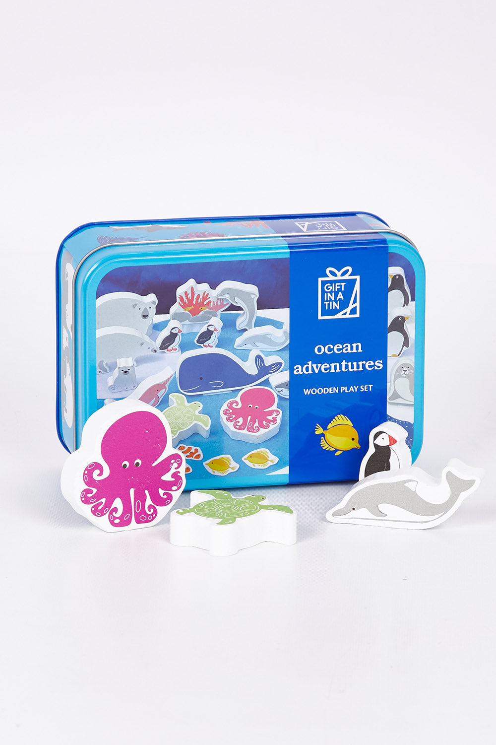 A model wearing size OneSize of the Ocean Adventures In A Tin in colour Ocean (Blue), from the front, showing the whole outfit