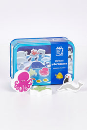 A model wearing size OneSize of the Ocean Adventures In A Tin in colour Ocean (Blue), from the front, showing the whole outfit