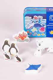 A model wearing size OneSize of the Ocean Adventures In A Tin in colour Ocean (Blue), from the front, showing the whole outfit