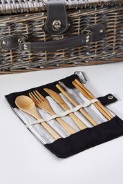 A model wearing size OneSize of the Bamboo Travel Cutlery Set With Carabiner in colour Black (Black), from the front, showing the whole outfit