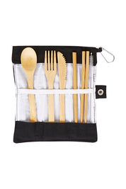 Product shot of the Bamboo Travel Cutlery Set With Carabiner in colour Black (Black), from the front