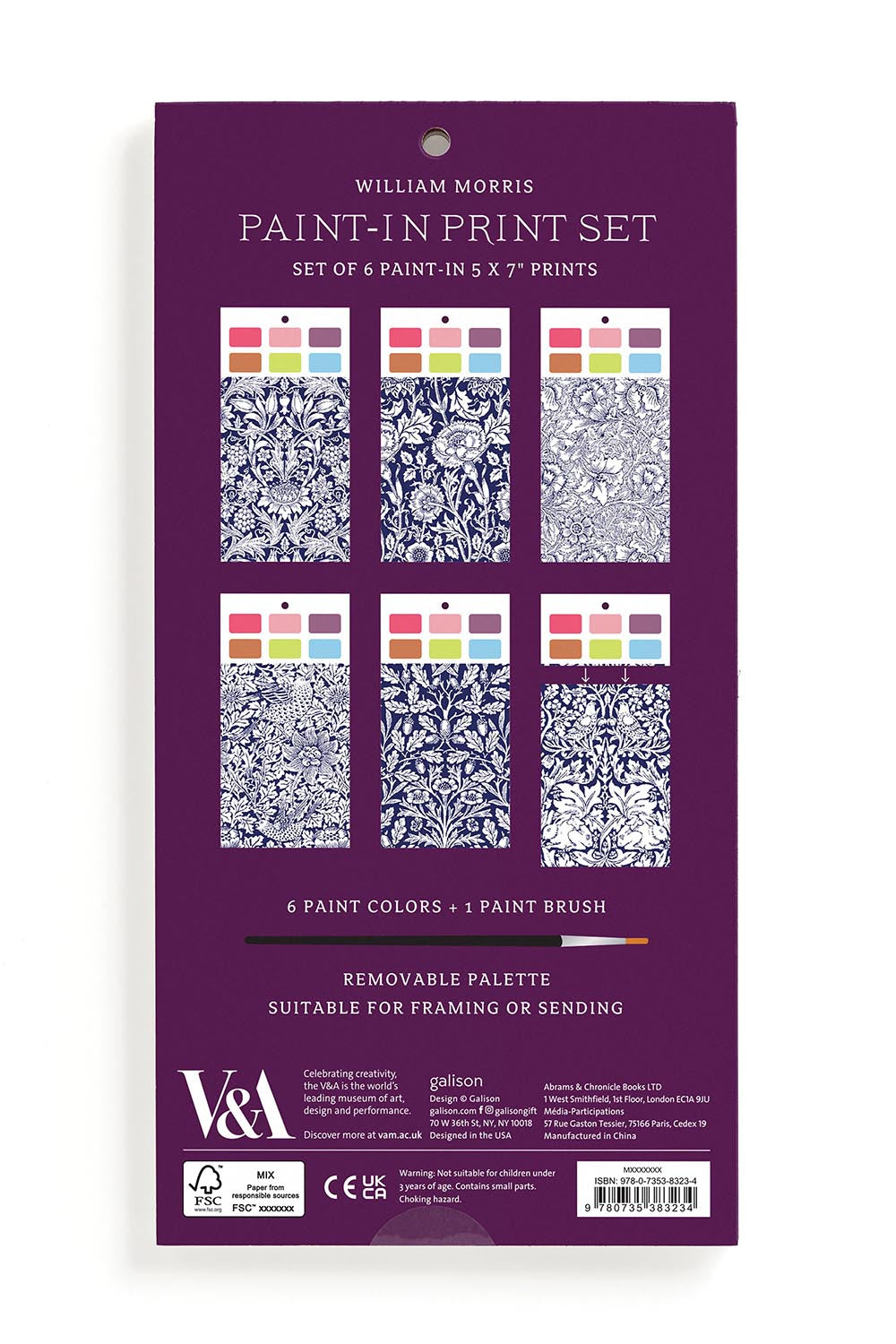 Product shot of the Galison William Morris Paint In Print Set - Multi in colour Multi, from the back