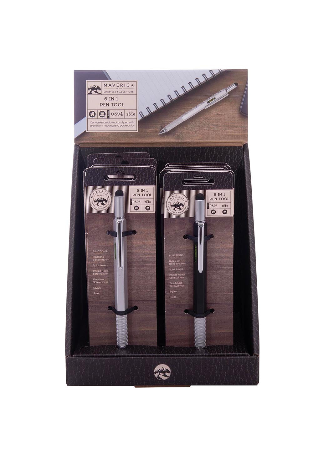 Product shot of the Maverick 6 in 1 Pen Tool - Black in colour Black, from the back
