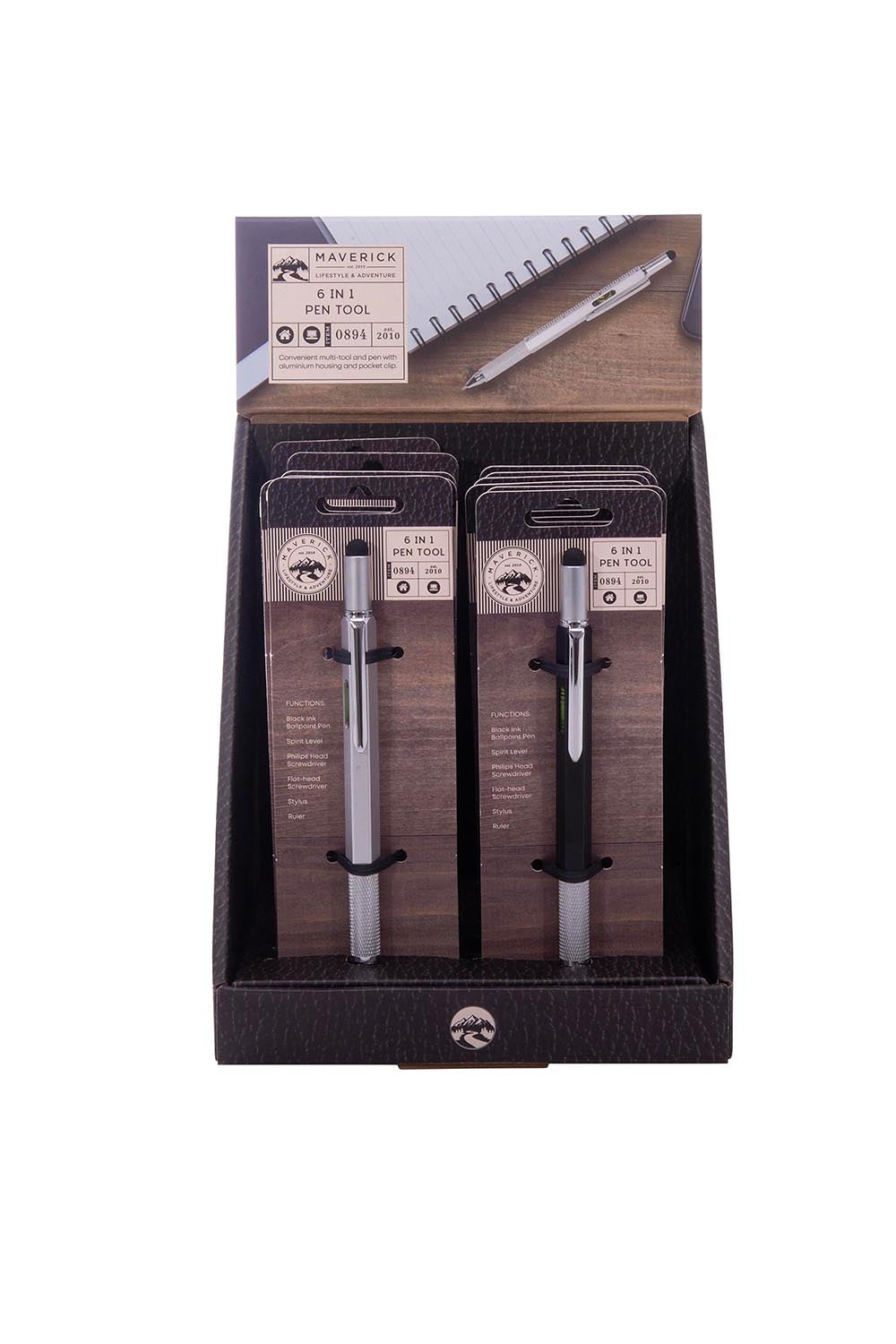 Product shot of the Maverick 6 in 1 Pen Tool - Silver in colour Silver, from the back