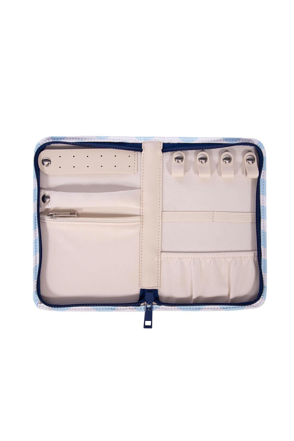 Product shot of the Fly With Me Jewellery Wallet  - Blue in colour Blue, showing detail
