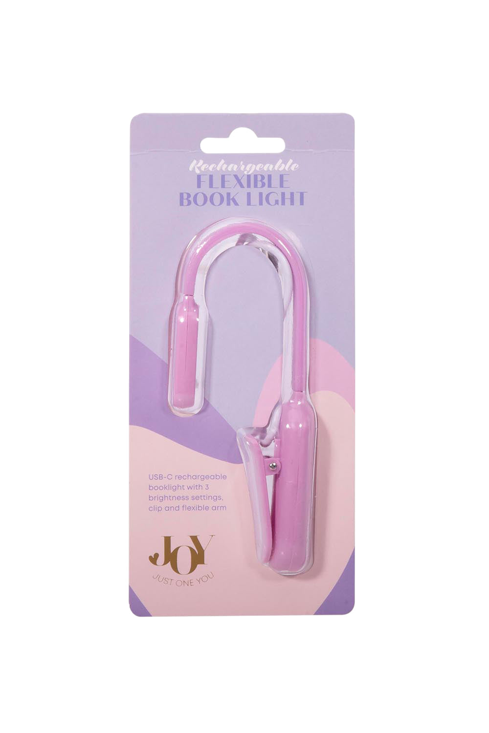 Product shot of the Flexi Clip On Rechargeable Book Light - Pink in colour Pink, from the front
