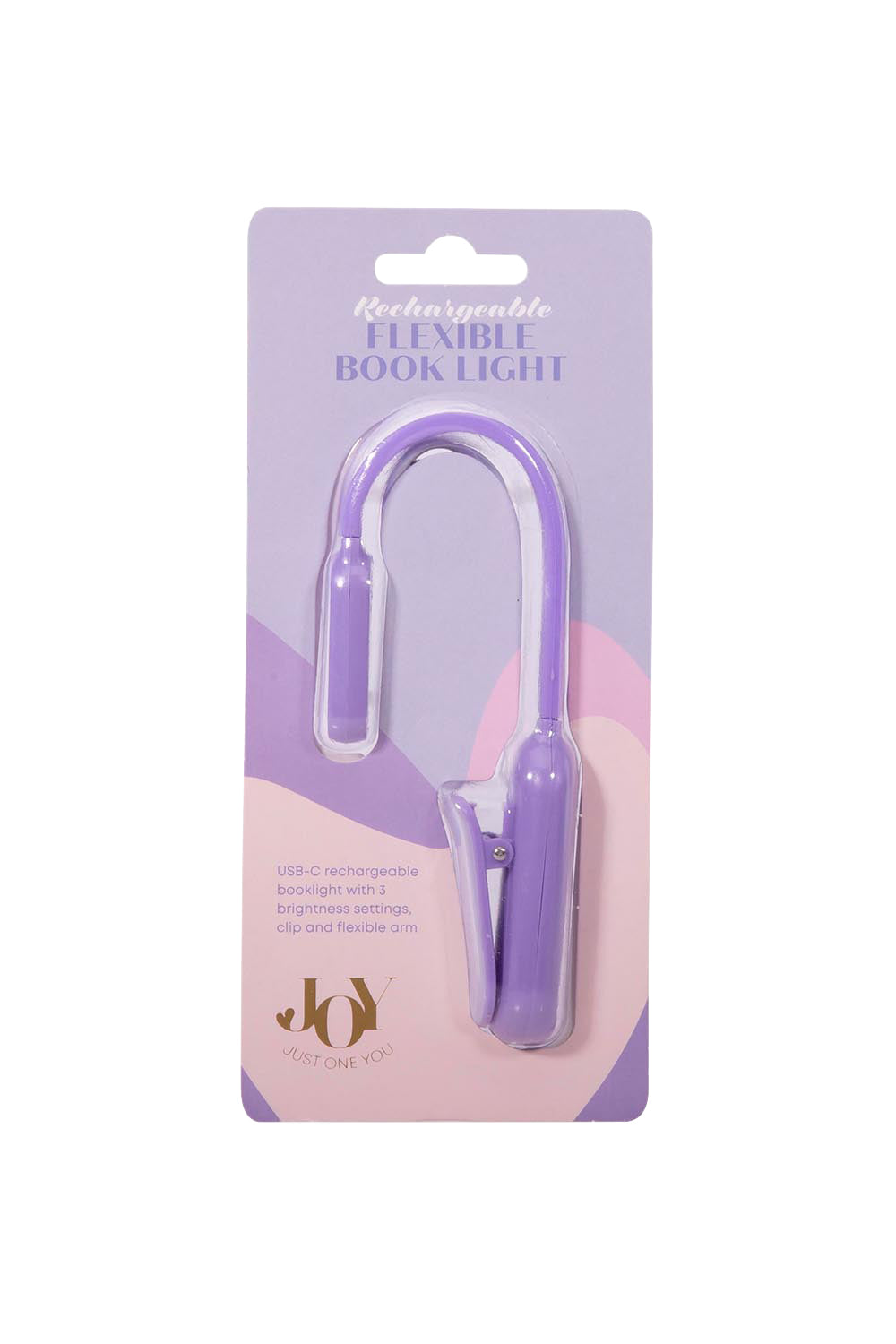Product shot of the Flexi Clip On Rechargeable Book Light - Purple in colour Purple, from the front