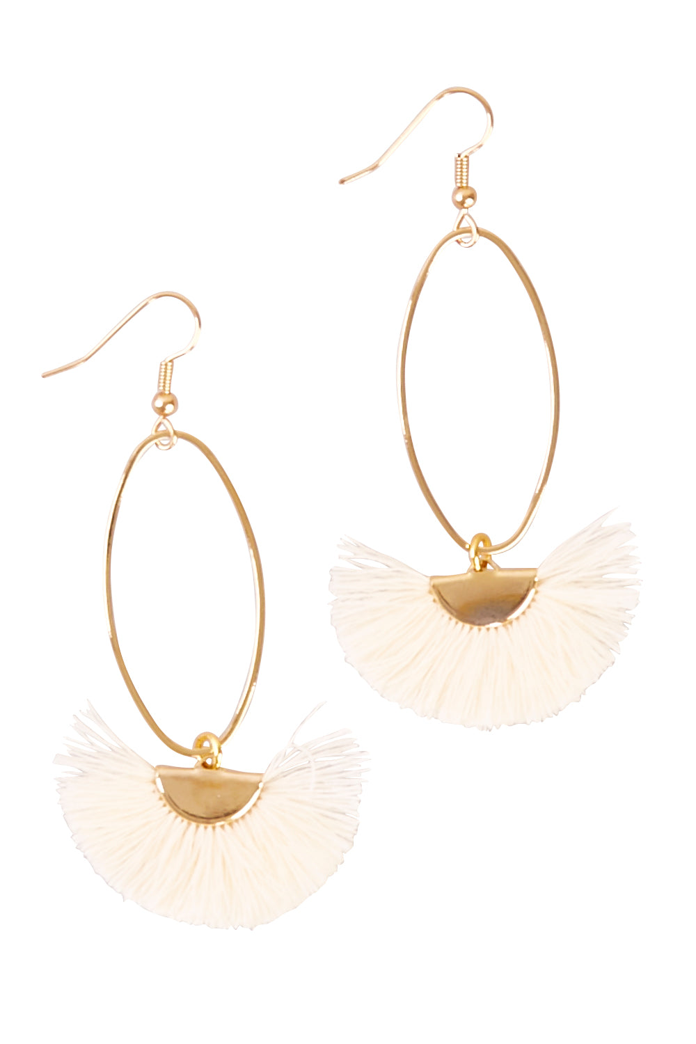 Product shot of the Caprioska Tassel Earrings in colour Ivory (White), from the front