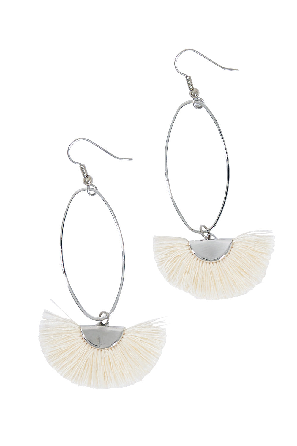 Product shot of the Silver Caprioska Tassel Earrings in colour Ivory (White), from the front