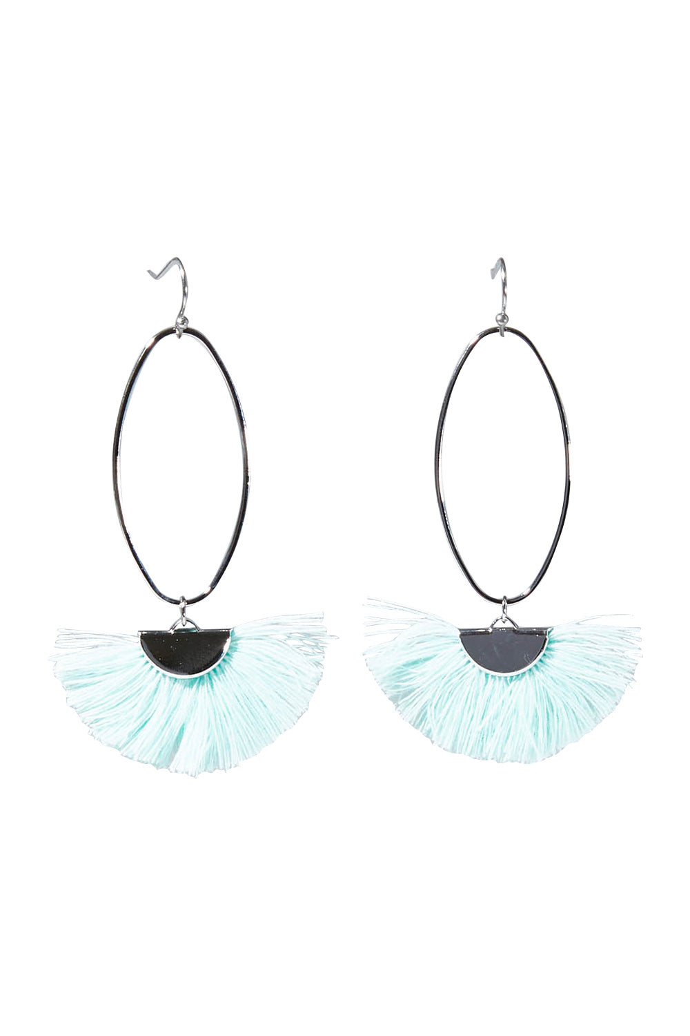 Product shot of the Silver Caprioska Tassel Earrings in colour Mint (Green), from the front