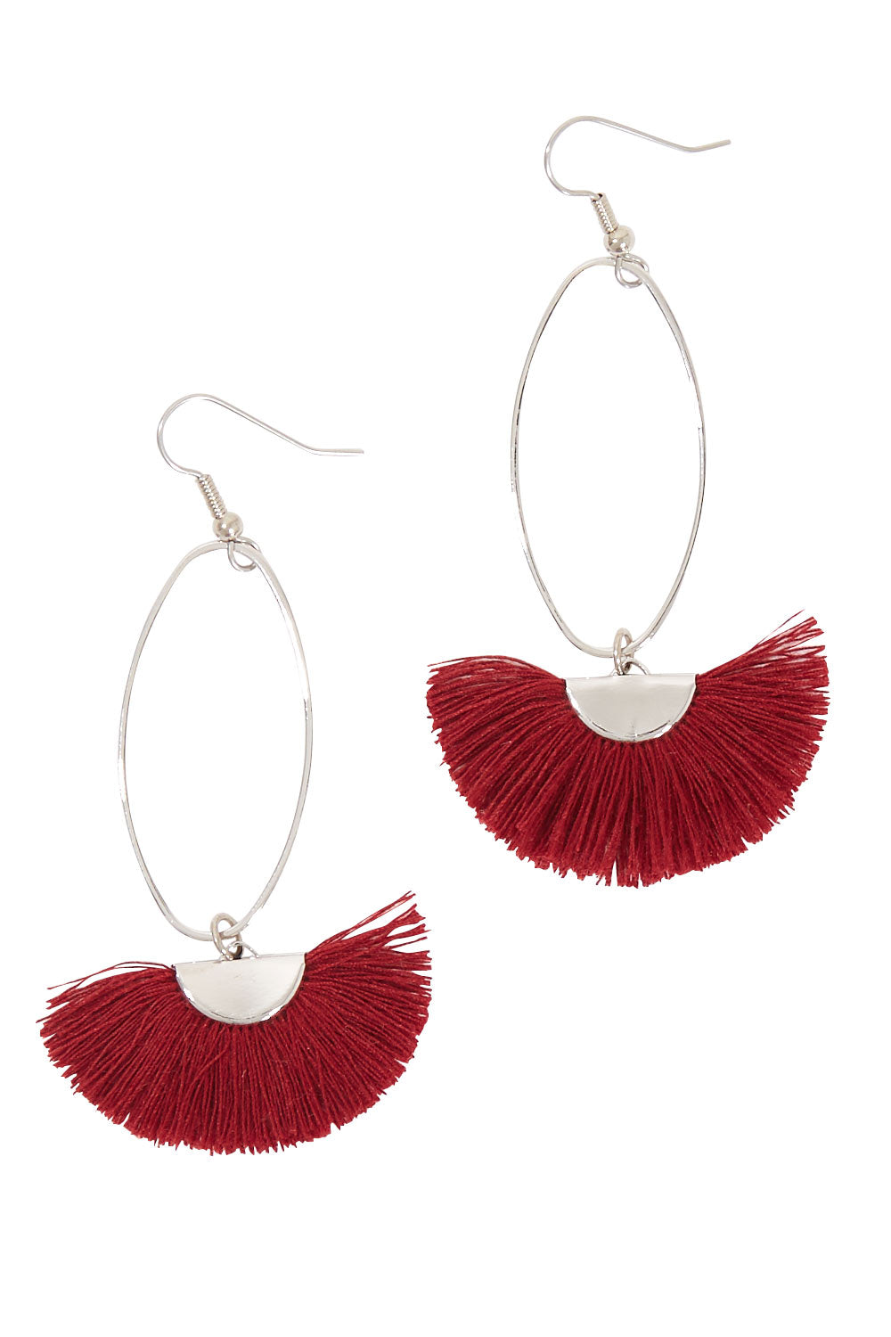 Product shot of the Silver Caprioska Tassel Earrings in colour Shiraz (Red), from the front