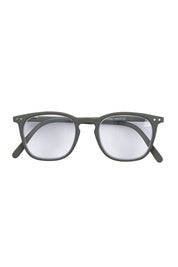 Product shot of the E Rectangular Reading Glasses in colour Khakigreen (Green), from the front