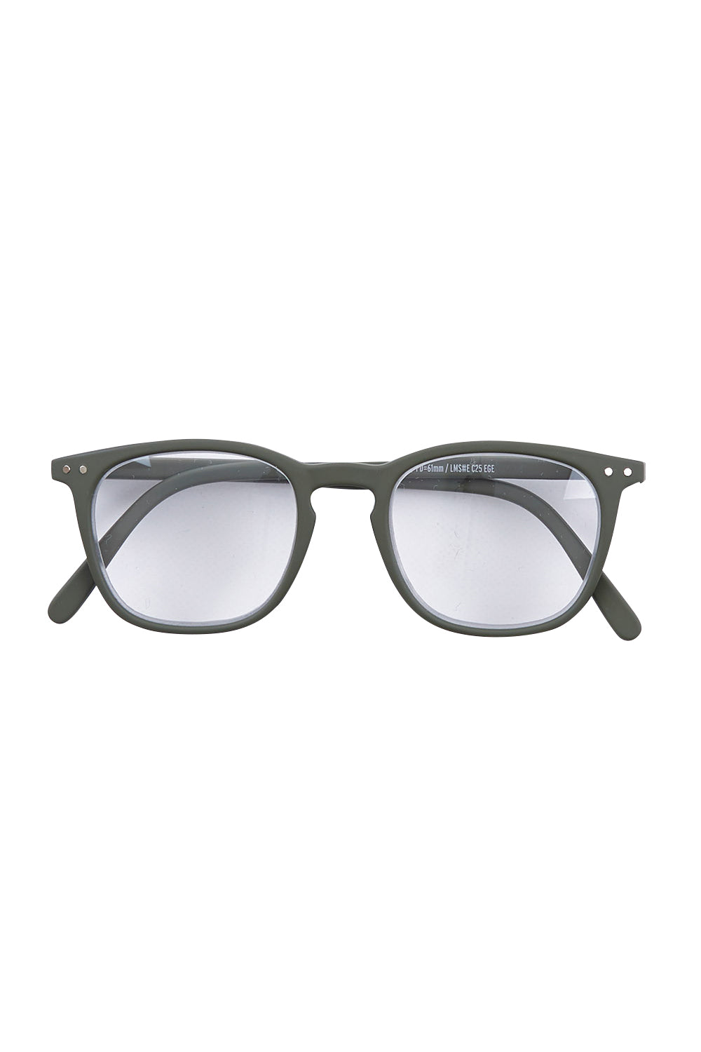 Product shot of the E Rectangular Reading Glasses in colour Khakigreen (Green), from the front