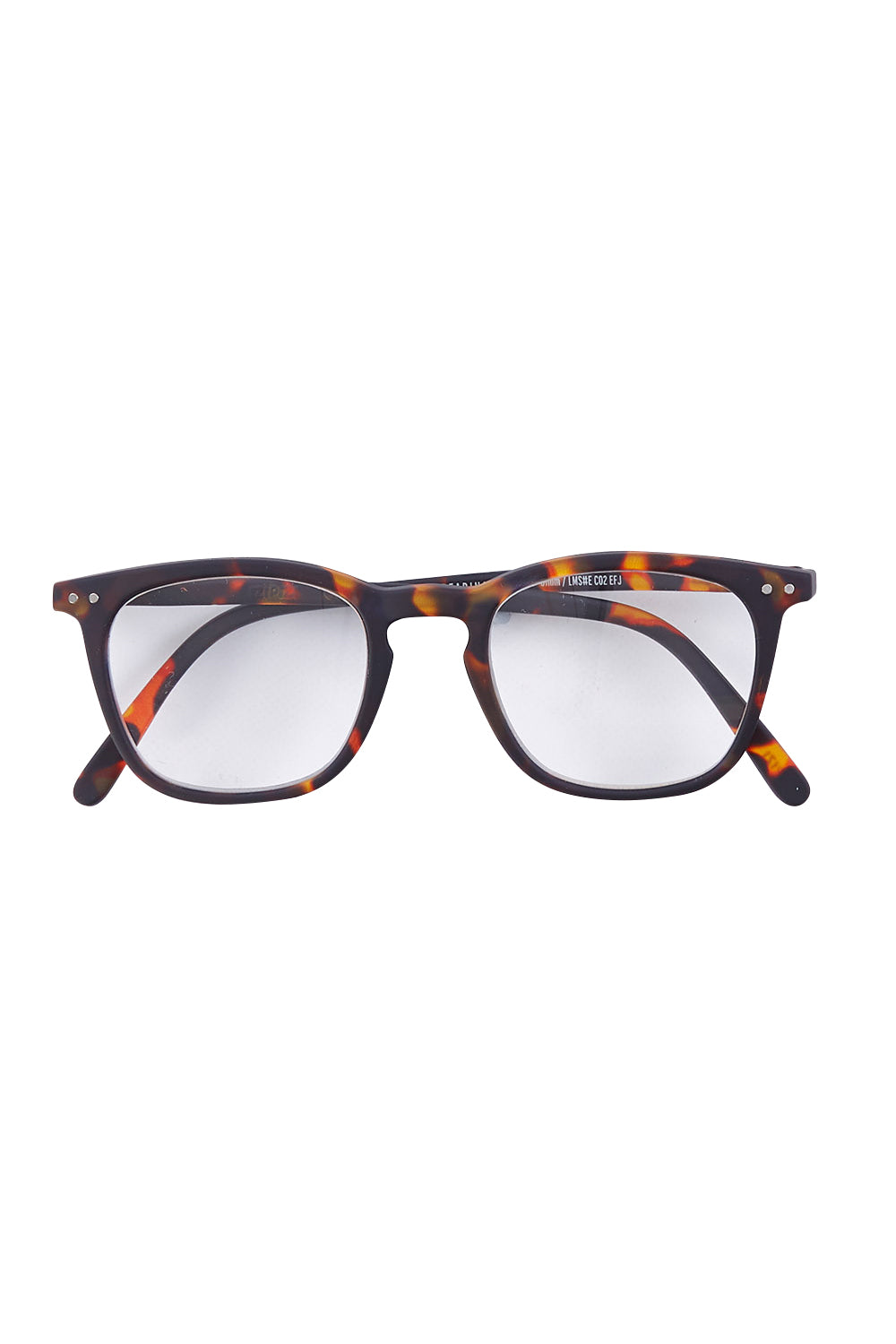 Product shot of the E Rectangular Reading Glasses in colour Tortoise, from the front