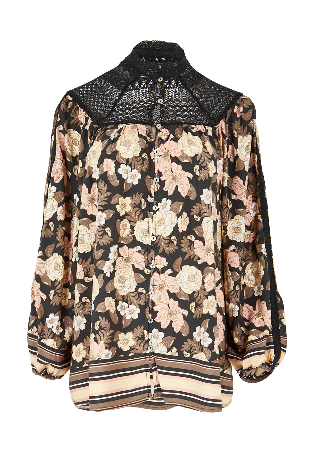 Product shot of the Florence Blouse in colour Adeleprint (Black), from the front