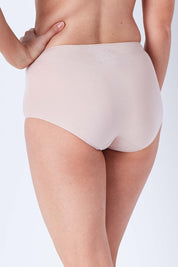 Model Phoebe wearing size 10 of the Bamboo Naturals Full Brief in colour Dusk, from the back