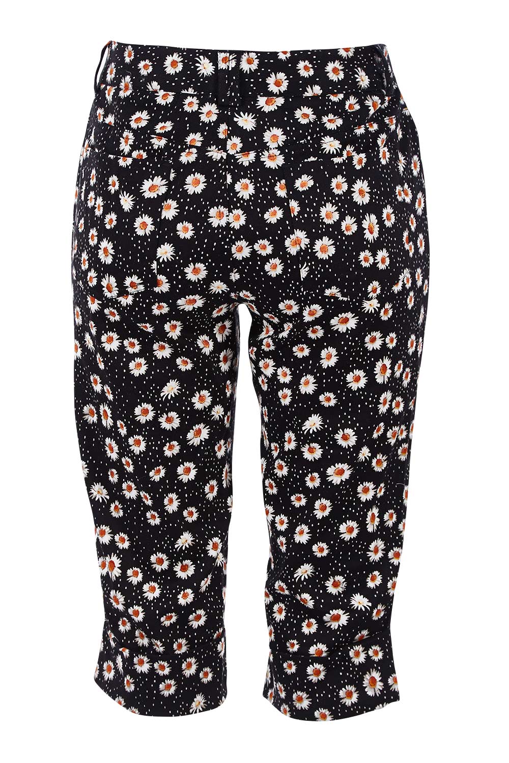 Product shot of the Delightful Daisy Capri Pants in colour Blackmulti (Black), from the back