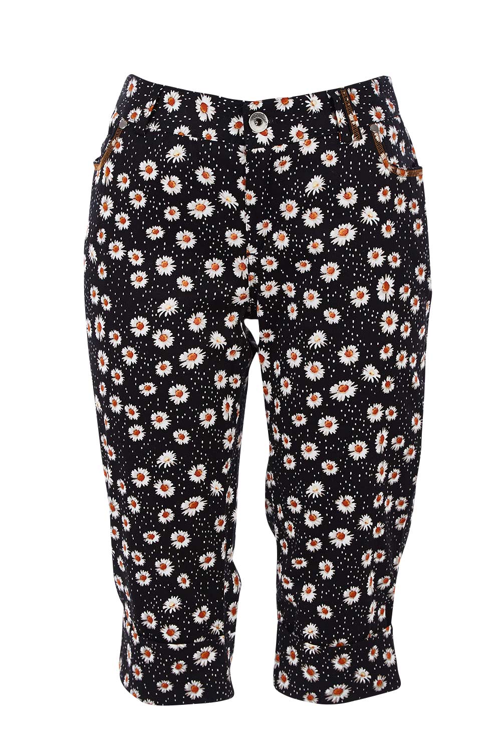 Product shot of the Delightful Daisy Capri Pants in colour Blackmulti (Black), from the front