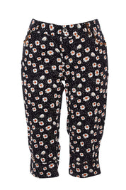 Product shot of the Delightful Daisy Capri Pants in colour Blackmulti (Black), from the front
