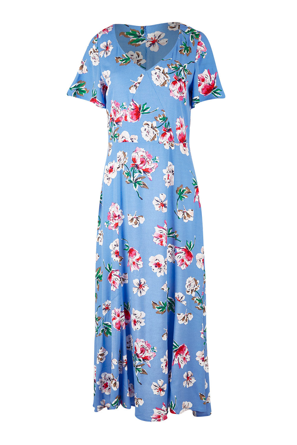 Product shot of the Alliana V Neck Dress in colour Blufloral (Blue), from the front